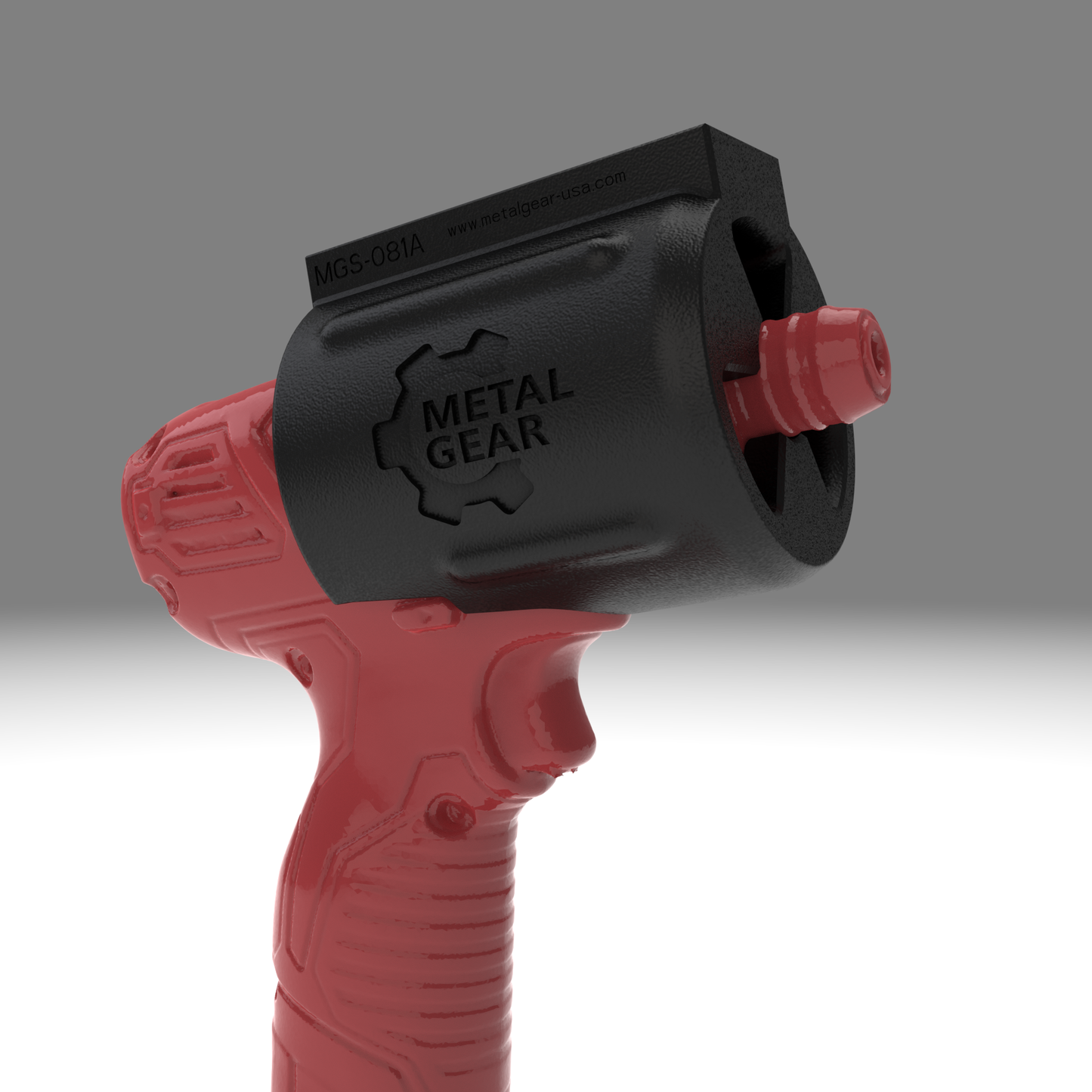 3D render of the MGS-081A Holster by Metalgear Engineering, securely mounted on a Milwaukee cordless power tool. This rugged, 3D-printed holster features the Metalgear logo and is built for dependable tool storage in workshops and industrial environments.