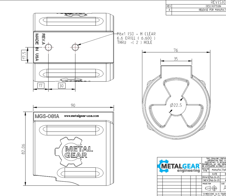 Technical drawing of the MGS-081A Milwaukee Tool Holster by Metalgear Engineering, detailing dimensions, mounting hole specifications, and design features for 3D-printed manufacturing in PLA or PA6-CF.