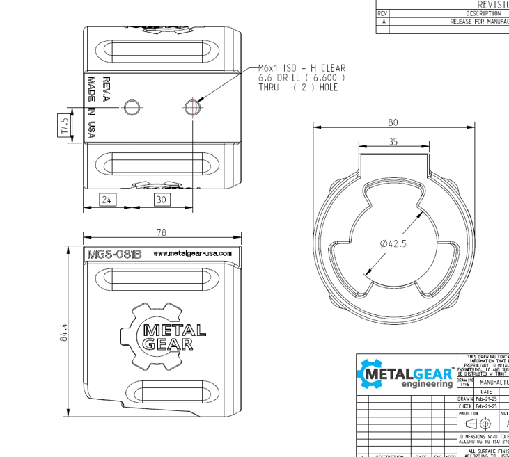 Technical drawing of the MGS-081B Milwaukee Tool Holster by Metalgear Engineering, detailing dimensions, mounting hole specifications, and design features for 3D-printed manufacturing in PLA or PA6-CF.