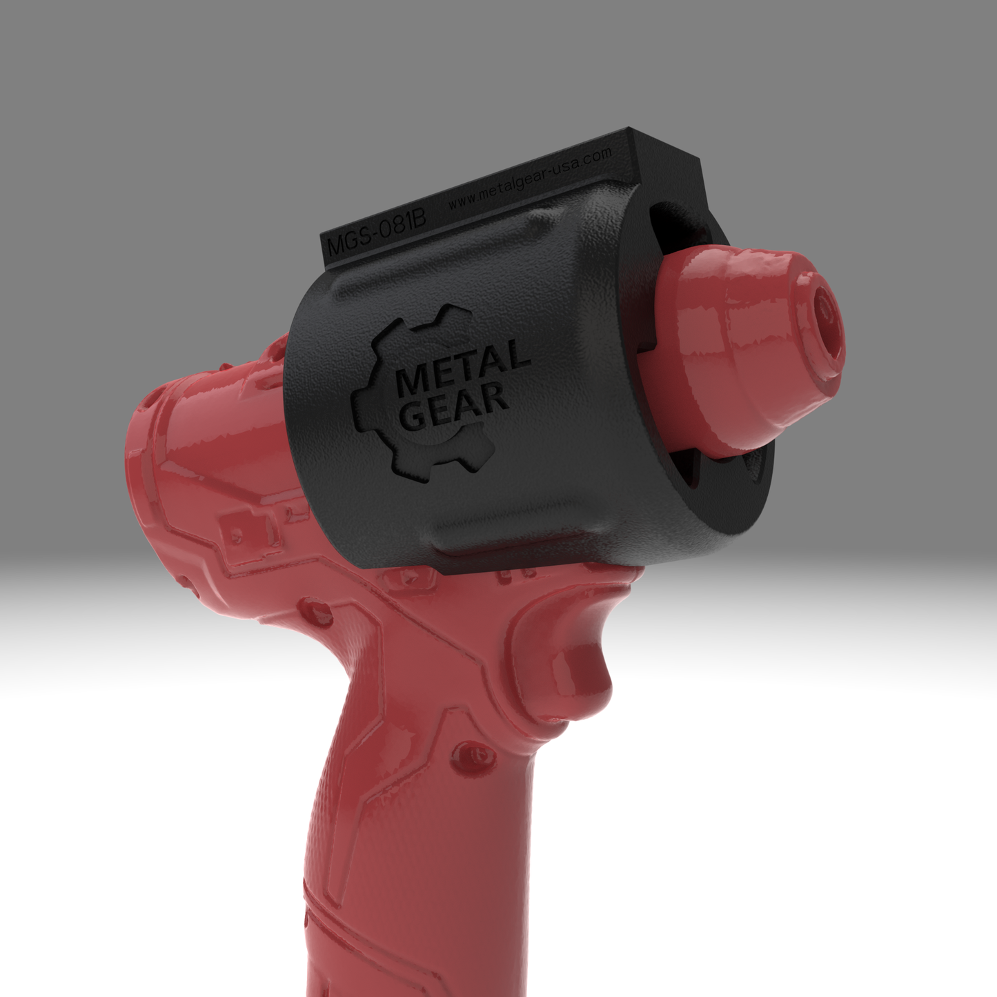 3D render of the MGS-081B Holster by Metalgear Engineering, securely mounted on a Milwaukee cordless power tool. This rugged, 3D-printed holster features the Metalgear logo and is built for dependable tool storage in workshops and industrial environments.