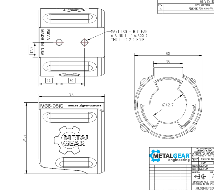 Technical drawing of the MGS-081C Milwaukee Tool Holster by Metalgear Engineering, detailing dimensions, mounting hole specifications, and design features for 3D-printed manufacturing in PLA or PA6-CF.