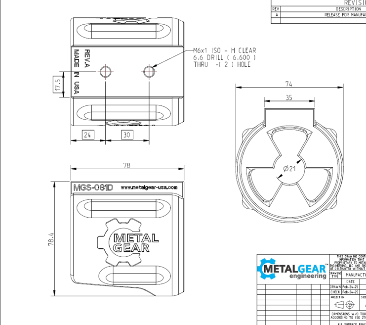 Technical drawing of the MGS-081D Milwaukee Tool Holster by Metalgear Engineering, detailing dimensions, mounting hole specifications, and design features for 3D-printed manufacturing in PLA or PA6-CF.
