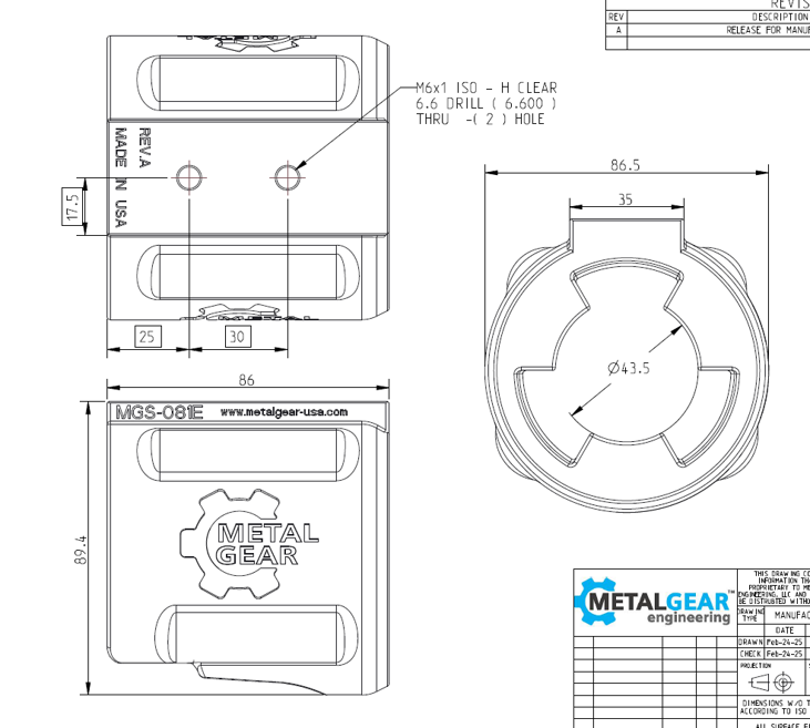 Technical drawing of the MGS-081E Milwaukee Tool Holster by Metalgear Engineering, detailing dimensions, mounting hole specifications, and design features for 3D-printed manufacturing in PLA or PA6-CF.