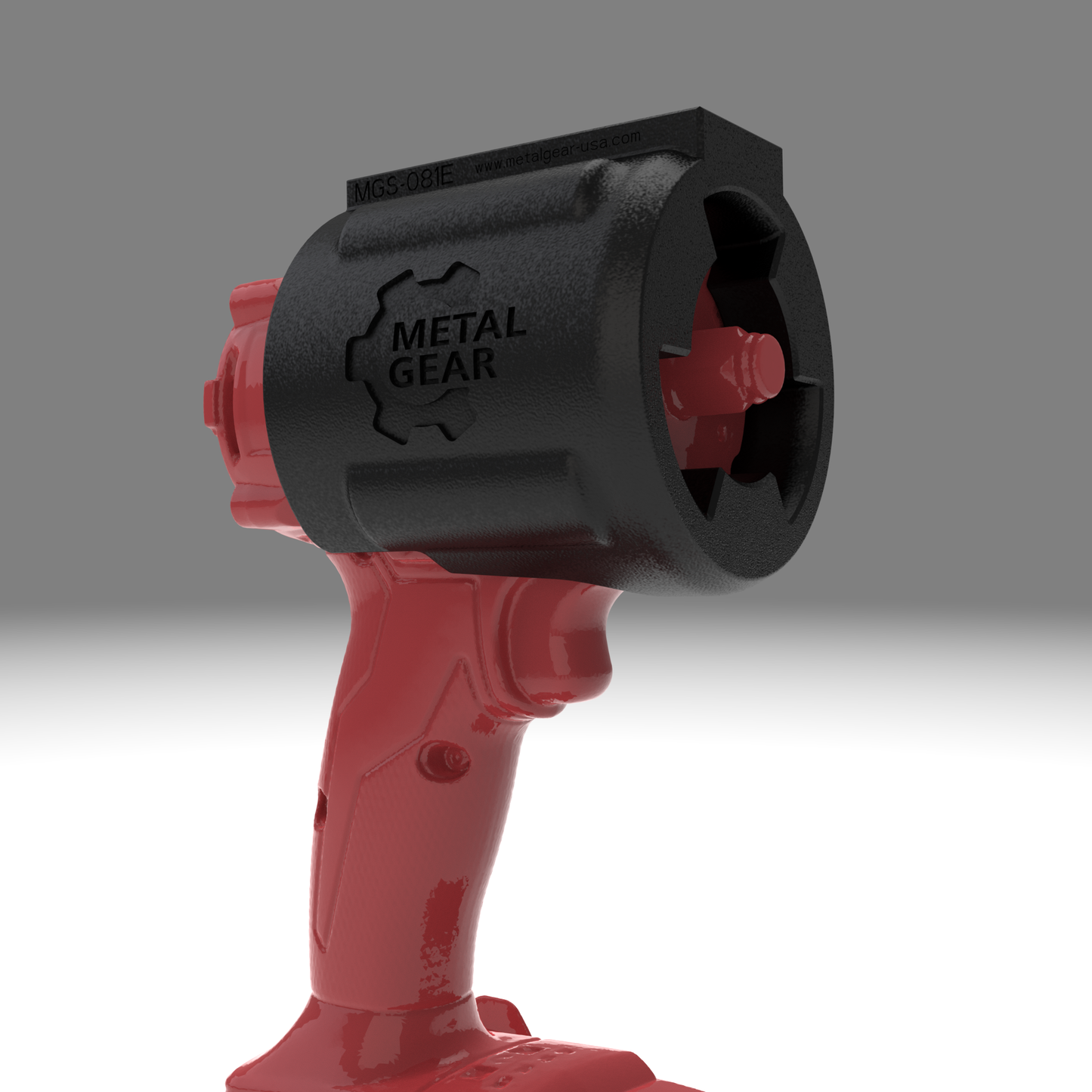 3D render of the MGS-081E Holster by Metalgear Engineering, securely mounted on a Milwaukee cordless power tool. This rugged, 3D-printed holster features the Metalgear logo and is built for dependable tool storage in workshops and industrial environments.