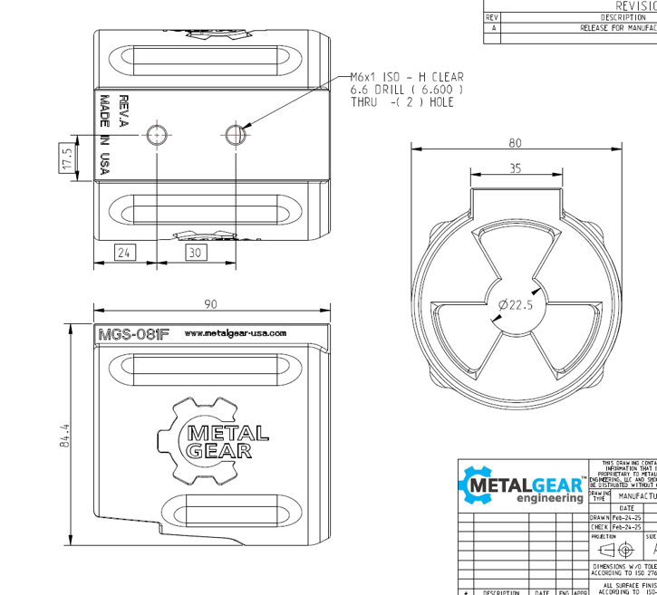 Technical drawing of the MGS-081F Milwaukee Tool Holster by Metalgear Engineering, detailing dimensions, mounting hole specifications, and design features for 3D-printed manufacturing in PLA or PA6-CF.