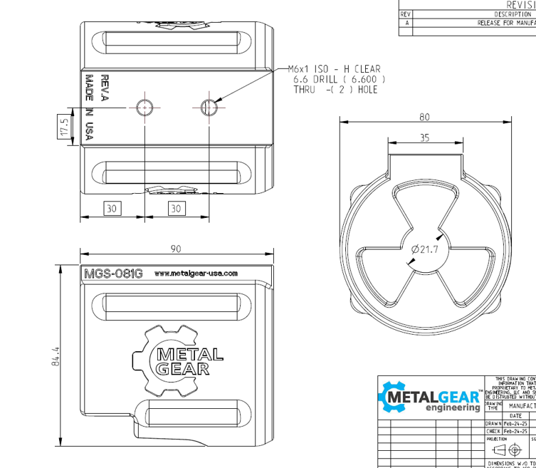 Technical drawing of the MGS-081G Milwaukee Tool Holster by Metalgear Engineering, detailing dimensions, mounting hole specifications, and design features for 3D-printed manufacturing in PLA or PA6-CF.