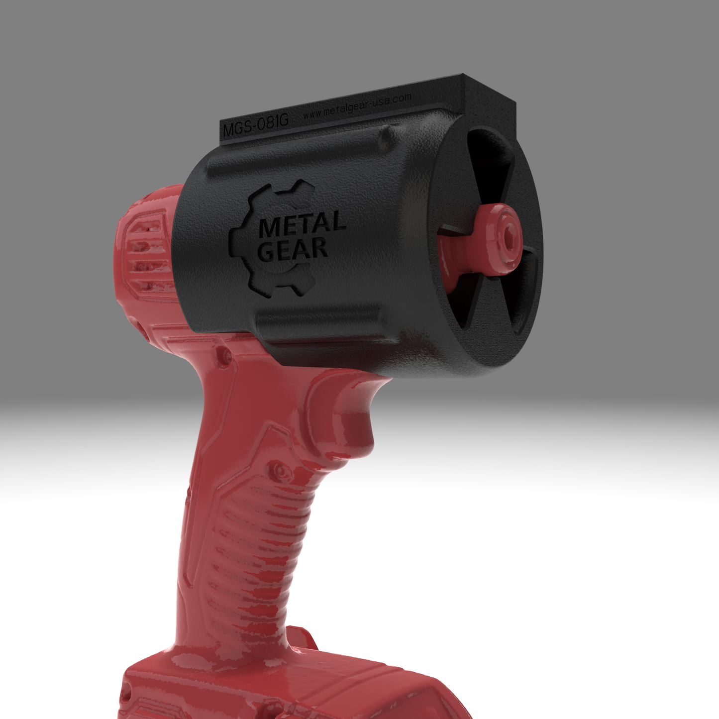 3D render of the MGS-081G Holster by Metalgear Engineering, securely mounted on a Milwaukee cordless power tool. This rugged, 3D-printed holster features the Metalgear logo and is built for dependable tool storage in workshops and industrial environments.