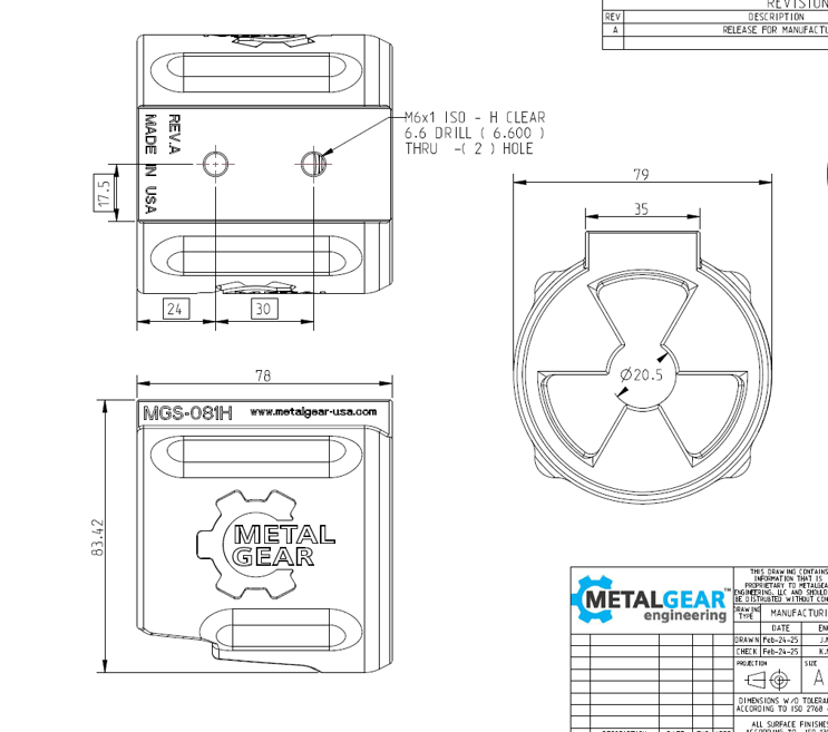 Technical drawing of the MGS-081H Milwaukee Tool Holster by Metalgear Engineering, detailing dimensions, mounting hole specifications, and design features for 3D-printed manufacturing in PLA or PA6-CF.