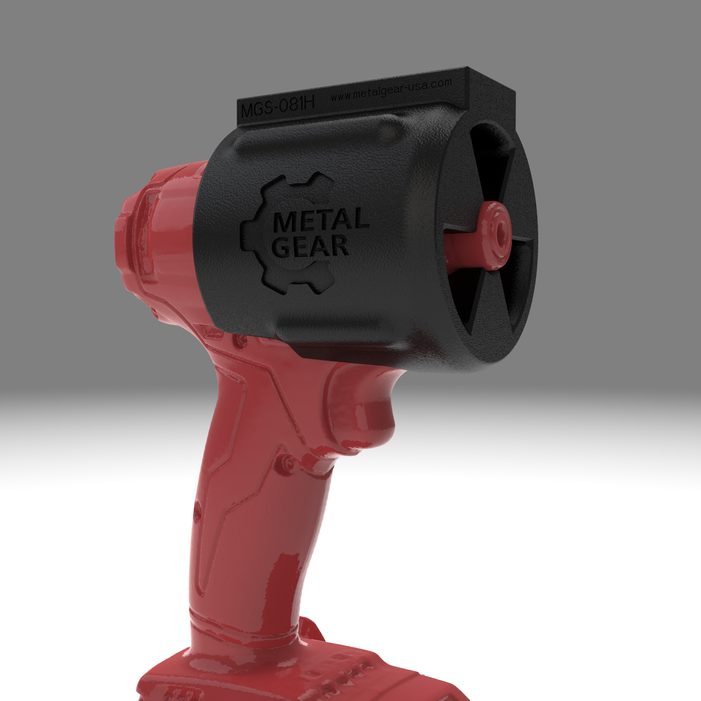 3D render of the MGS-081H Holster by Metalgear Engineering, securely mounted on a Milwaukee cordless power tool. This rugged, 3D-printed holster features the Metalgear logo and is built for dependable tool storage in workshops and industrial environments.