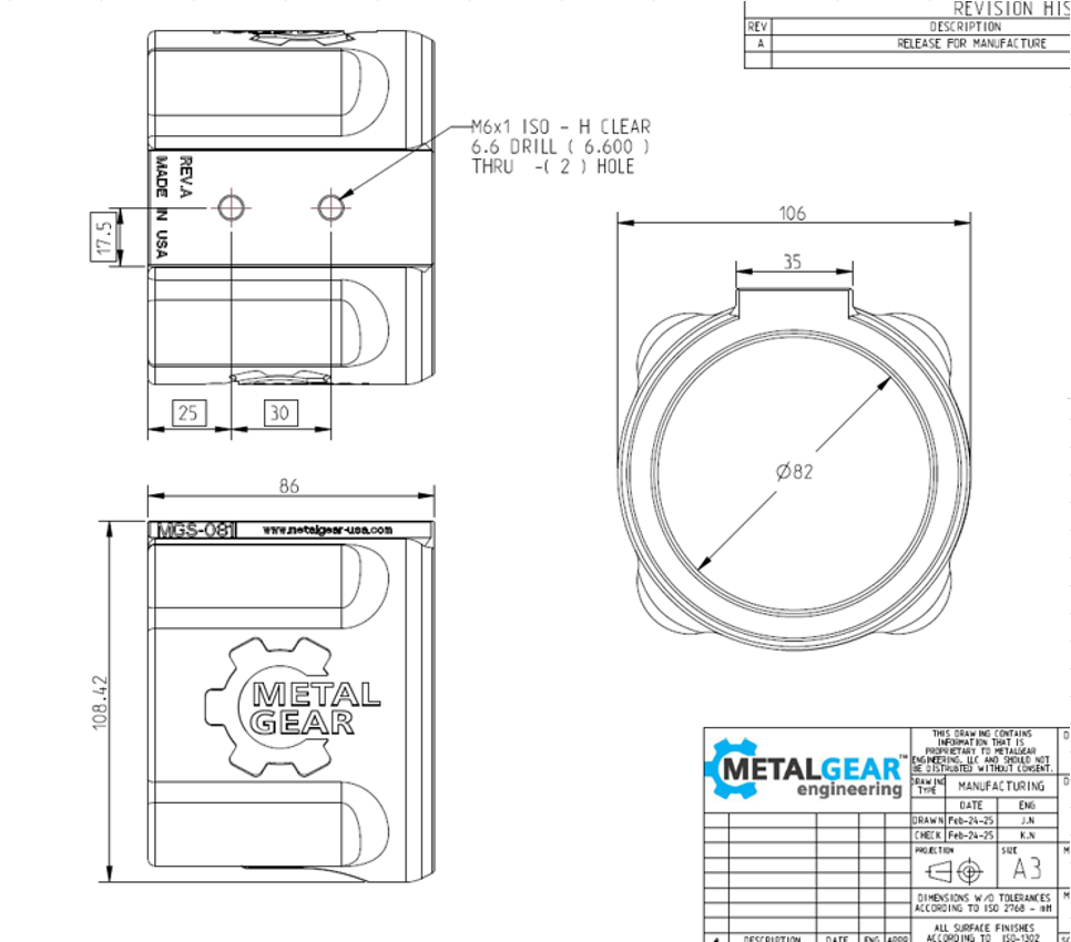 Technical drawing of the MGS-081I Milwaukee Tool Holster by Metalgear Engineering, detailing dimensions, mounting hole specifications, and design features for 3D-printed manufacturing in PLA or PA6-CF.