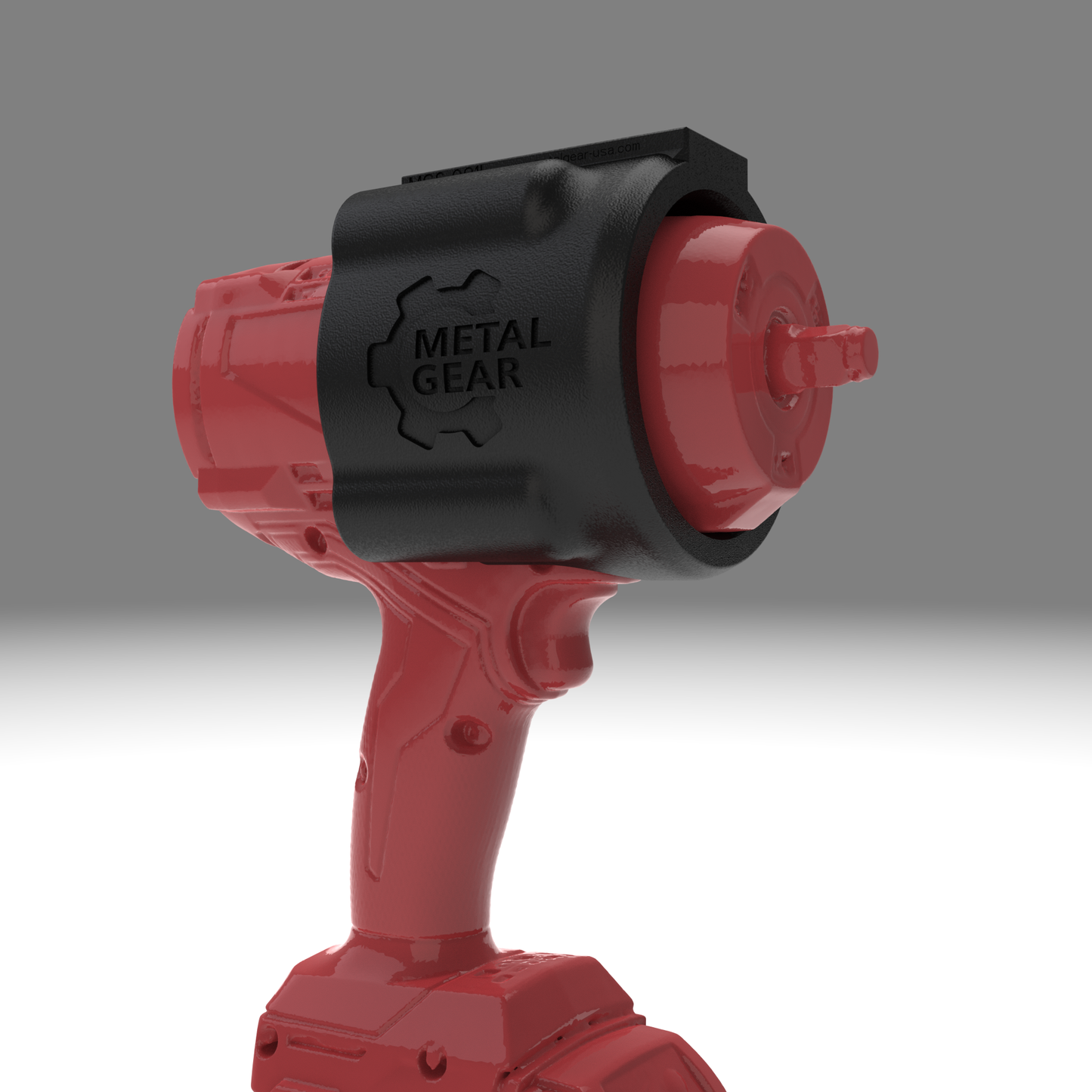 3D render of the MGS-081I Holster by Metalgear Engineering, securely mounted on a Milwaukee cordless power tool. This rugged, 3D-printed holster features the Metalgear logo and is built for dependable tool storage in workshops and industrial environments.