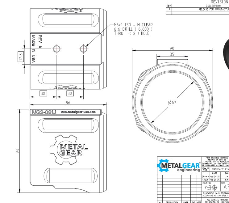 Technical drawing of the MGS-081J Milwaukee Tool Holster by Metalgear Engineering, detailing dimensions, mounting hole specifications, and design features for 3D-printed manufacturing in PLA or PA6-CF.