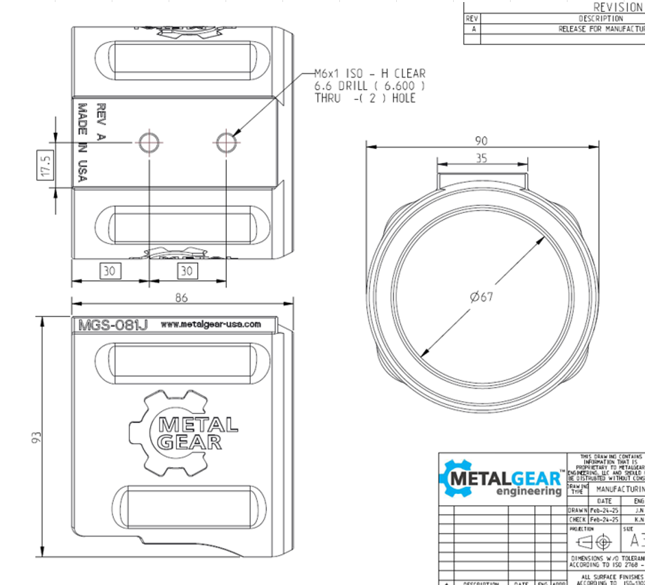 Technical drawing of the MGS-081J Milwaukee Tool Holster by Metalgear Engineering, detailing dimensions, mounting hole specifications, and design features for 3D-printed manufacturing in PLA or PA6-CF.