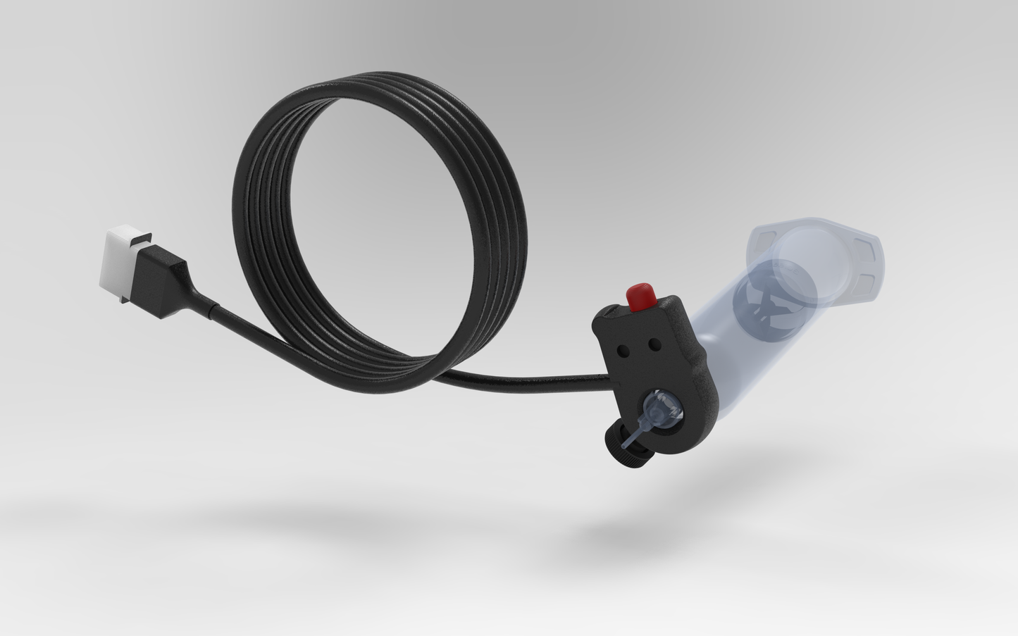 Metalgear Engineering TAD-019A Universal Finger Switch, a 3D-printed PLA Carbon Fiber control device with coiled wire and ergonomic fingertip actuator, designed for precise fluid dispensing in industrial applications. For Performus X100 & Performus X15
