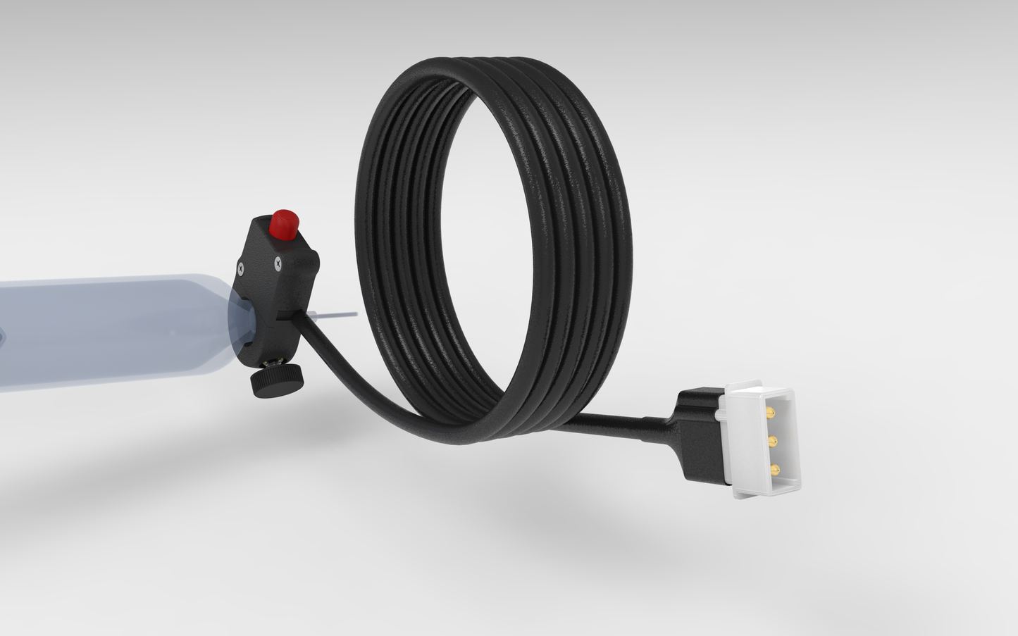 Metalgear Engineering TAD-019A Universal Finger Switch, a 3D-printed PLA Carbon Fiber control device with coiled wire and ergonomic fingertip actuator, designed for precise fluid dispensing in industrial applications. For Performus X100 & Performus X15