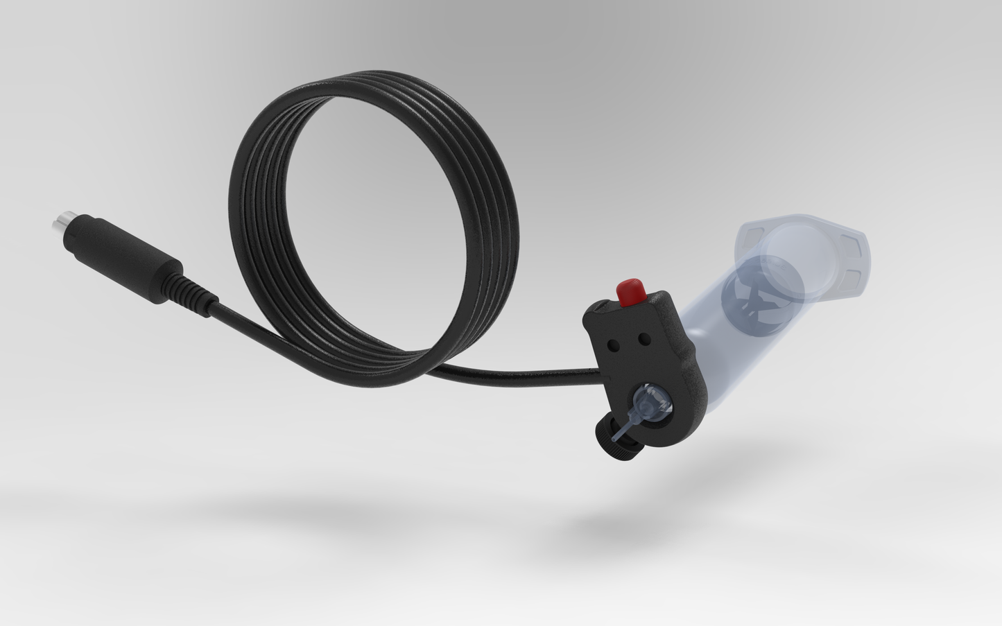 Metalgear Engineering TAD-019B Universal Finger Switch, a 3D-printed PLA Carbon Fiber control device with coiled wire and ergonomic fingertip actuator, designed for precise fluid dispensing in industrial applications. For Ultimus I–II High Precision Fluid Dispensers