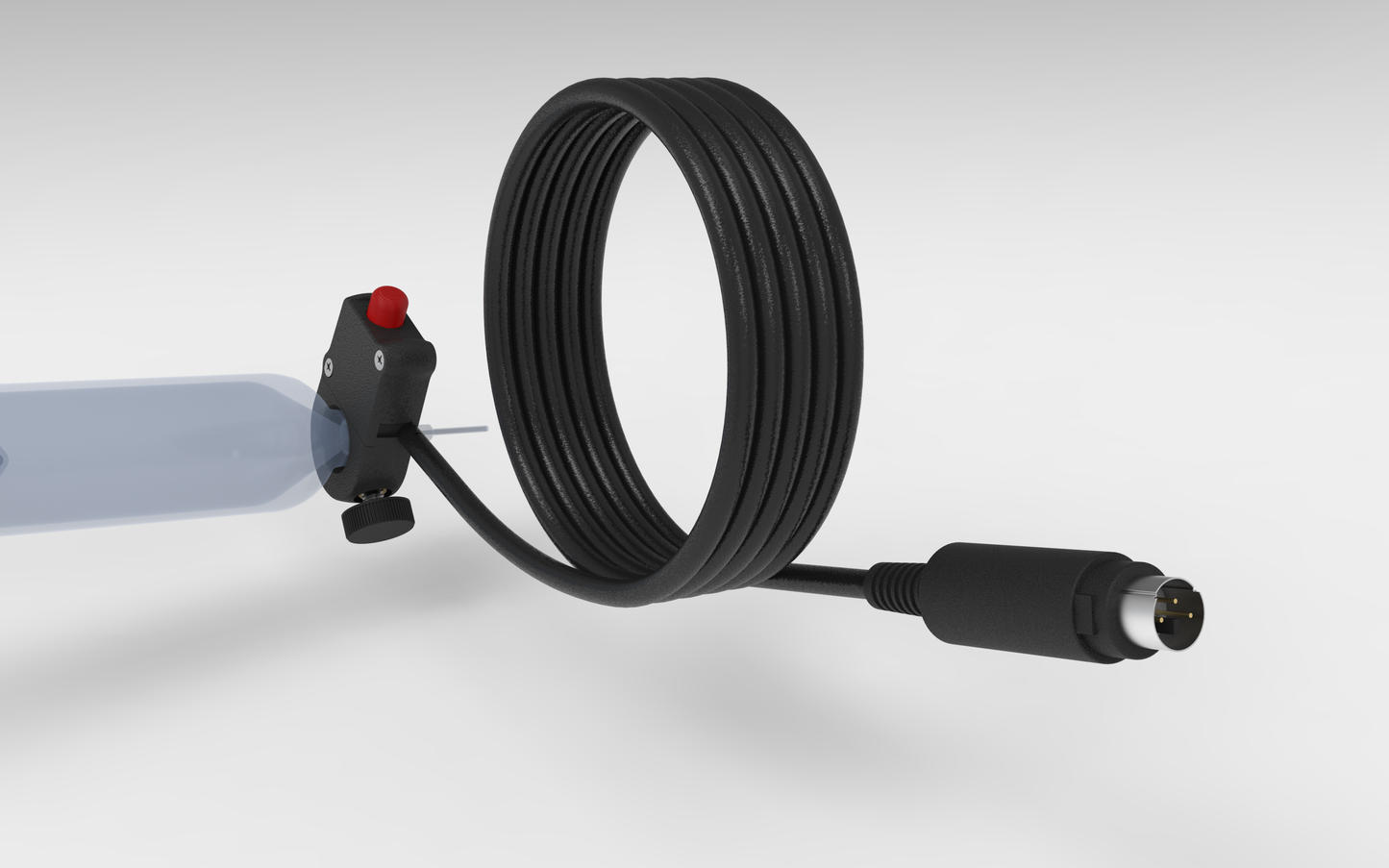 Metalgear Engineering TAD-019B Universal Finger Switch, a 3D-printed PLA Carbon Fiber control device with coiled wire and ergonomic fingertip actuator, designed for precise fluid dispensing in industrial applications. For Ultimus I–II High Precision Fluid Dispensers
