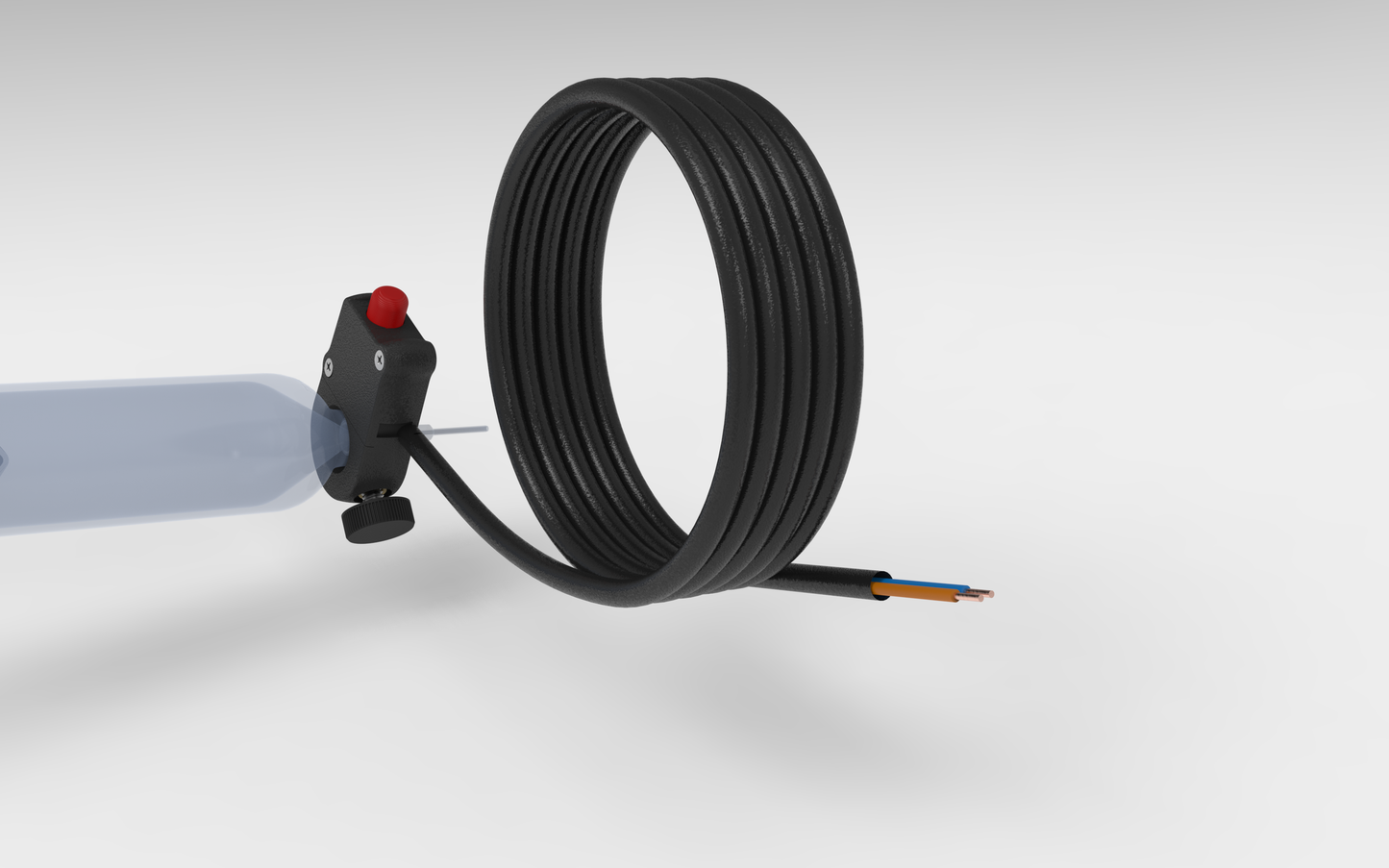 Metalgear Engineering TAD-019C Universal Finger Switch, a 3D-printed PLA Carbon Fiber control device with coiled wire and ergonomic fingertip actuator, designed for precise fluid dispensing in industrial applications. Custom version