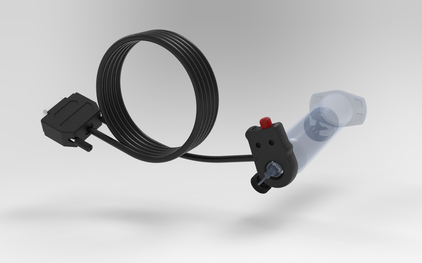 Metalgear Engineering TAD-019D Universal Finger Switch, a 3D-printed PLA Carbon Fiber control device with coiled wire and ergonomic fingertip actuator, designed for precise fluid dispensing in industrial applications. For Loctite DSUB systems
