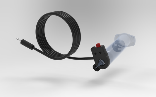 Metalgear Engineering TAD-019e Universal Finger Switch, a 3D-printed PLA Carbon Fiber control device with coiled wire and ergonomic fingertip actuator, designed for precise fluid dispensing in industrial applications. For Loctite 3.5mm Mono 2-Conductor setups
