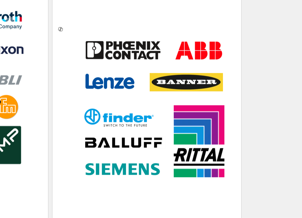 Industrial automation brand logos offered by Metalgear Engineering, including Phoenix Contact, ABB, Siemens, Lenze, Balluff, Rittal, Finder, Banner Engineering, and more.