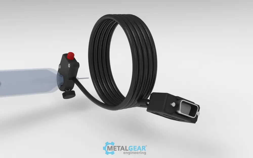 Metalgear Engineering TAD-019D Universal Finger Switch, a 3D-printed PLA Carbon Fiber control device with coiled wire and ergonomic fingertip actuator, designed for precise fluid dispensing in industrial applications. For Loctite DSUB systems