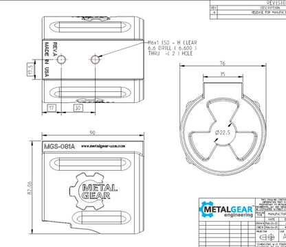 Technical drawing of the MGS-081A Milwaukee Tool Holster by Metalgear Engineering, detailing dimensions, mounting hole specifications, and design features for 3D-printed manufacturing in PLA or PA6-CF.