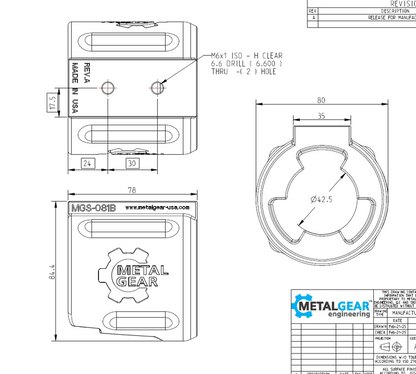 Technical drawing of the MGS-081B Milwaukee Tool Holster by Metalgear Engineering, detailing dimensions, mounting hole specifications, and design features for 3D-printed manufacturing in PLA or PA6-CF.