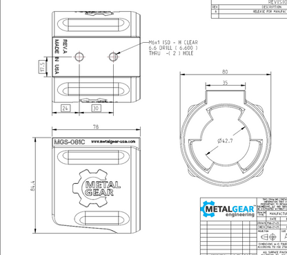 Technical drawing of the MGS-081C Milwaukee Tool Holster by Metalgear Engineering, detailing dimensions, mounting hole specifications, and design features for 3D-printed manufacturing in PLA or PA6-CF.