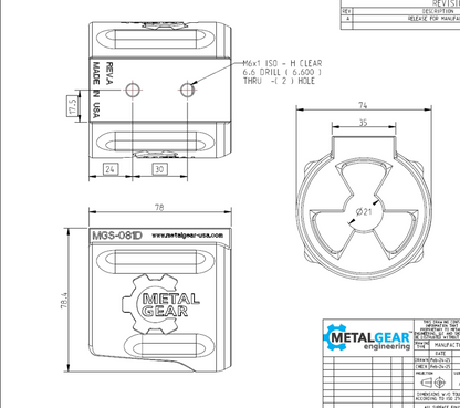 Technical drawing of the MGS-081D Milwaukee Tool Holster by Metalgear Engineering, detailing dimensions, mounting hole specifications, and design features for 3D-printed manufacturing in PLA or PA6-CF.