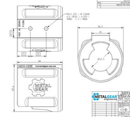 Technical drawing of the MGS-081E Milwaukee Tool Holster by Metalgear Engineering, detailing dimensions, mounting hole specifications, and design features for 3D-printed manufacturing in PLA or PA6-CF.