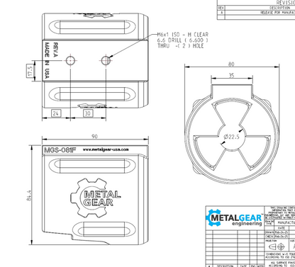 Technical drawing of the MGS-081F Milwaukee Tool Holster by Metalgear Engineering, detailing dimensions, mounting hole specifications, and design features for 3D-printed manufacturing in PLA or PA6-CF.