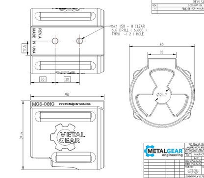 Technical drawing of the MGS-081G Milwaukee Tool Holster by Metalgear Engineering, detailing dimensions, mounting hole specifications, and design features for 3D-printed manufacturing in PLA or PA6-CF.