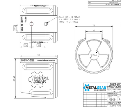 Technical drawing of the MGS-081H Milwaukee Tool Holster by Metalgear Engineering, detailing dimensions, mounting hole specifications, and design features for 3D-printed manufacturing in PLA or PA6-CF.