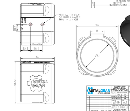 Technical drawing of the MGS-081I Milwaukee Tool Holster by Metalgear Engineering, detailing dimensions, mounting hole specifications, and design features for 3D-printed manufacturing in PLA or PA6-CF.