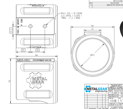 Technical drawing of the MGS-081J Milwaukee Tool Holster by Metalgear Engineering, detailing dimensions, mounting hole specifications, and design features for 3D-printed manufacturing in PLA or PA6-CF.