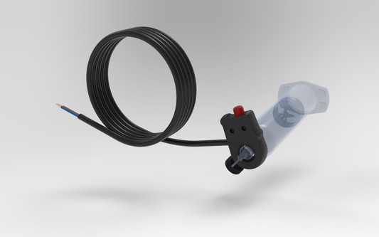 Metalgear Engineering TAD-019C Universal Finger Switch, a 3D-printed PLA Carbon Fiber control device with coiled wire and ergonomic fingertip actuator, designed for precise fluid dispensing in industrial applications. Custom version