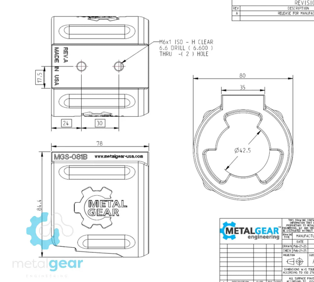 Technical drawing of the MGS-081B Milwaukee Tool Holster by Metalgear Engineering, detailing dimensions, mounting hole specifications, and design features for 3D-printed manufacturing in PLA or PA6-CF.