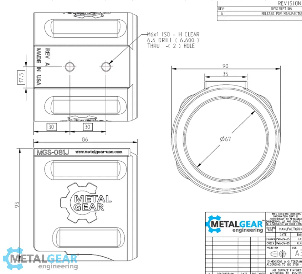 Technical drawing of the MGS-081J Milwaukee Tool Holster by Metalgear Engineering, detailing dimensions, mounting hole specifications, and design features for 3D-printed manufacturing in PLA or PA6-CF.