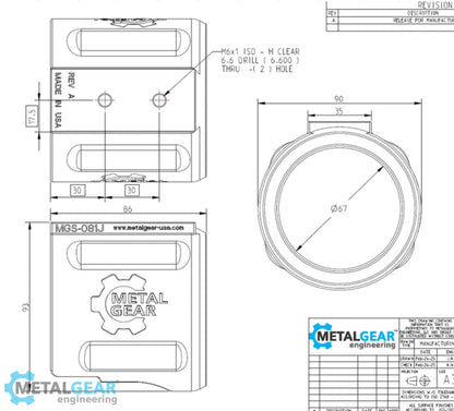 Technical drawing of the MGS-081J Milwaukee Tool Holster by Metalgear Engineering, detailing dimensions, mounting hole specifications, and design features for 3D-printed manufacturing in PLA or PA6-CF.