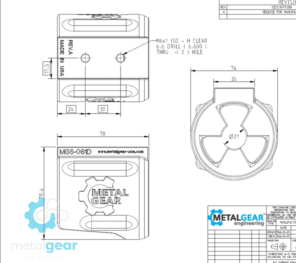 Technical drawing of the MGS-081D Milwaukee Tool Holster by Metalgear Engineering, detailing dimensions, mounting hole specifications, and design features for 3D-printed manufacturing in PLA or PA6-CF.
