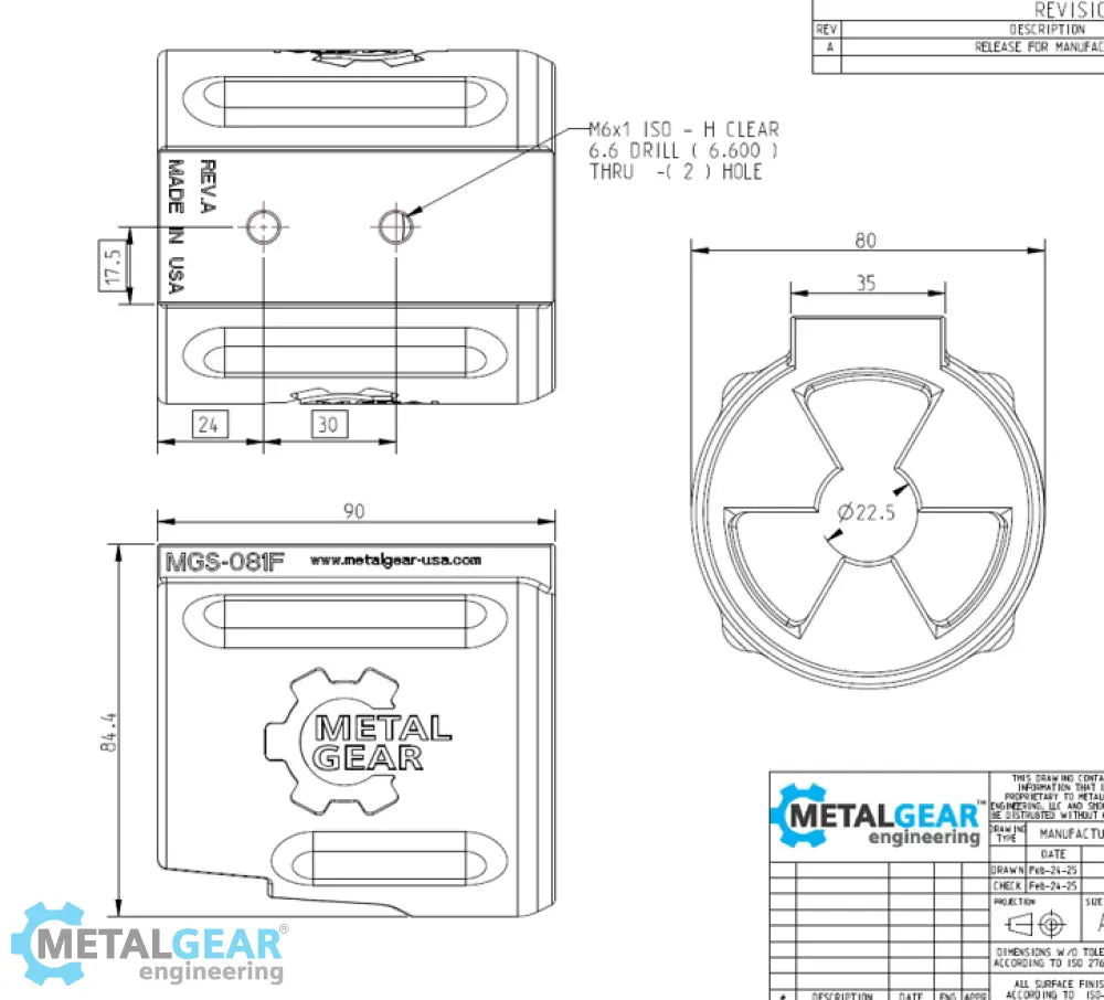 Technical drawing of the MGS-081F Milwaukee Tool Holster by Metalgear Engineering, detailing dimensions, mounting hole specifications, and design features for 3D-printed manufacturing in PLA or PA6-CF.