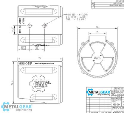 Technical drawing of the MGS-081F Milwaukee Tool Holster by Metalgear Engineering, detailing dimensions, mounting hole specifications, and design features for 3D-printed manufacturing in PLA or PA6-CF.