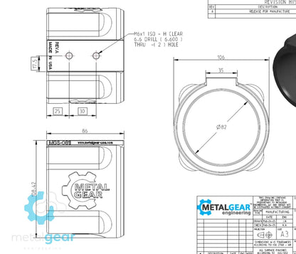 Technical drawing of the MGS-081I Milwaukee Tool Holster by Metalgear Engineering, detailing dimensions, mounting hole specifications, and design features for 3D-printed manufacturing in PLA or PA6-CF.
