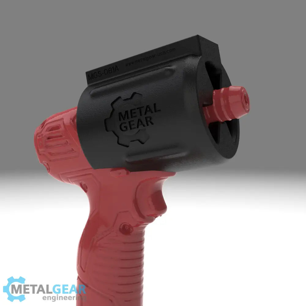 3D render of the MGS-081A Holster by Metalgear Engineering, securely mounted on a Milwaukee cordless power tool. This rugged, 3D-printed holster features the Metalgear logo and is built for dependable tool storage in workshops and industrial environments.