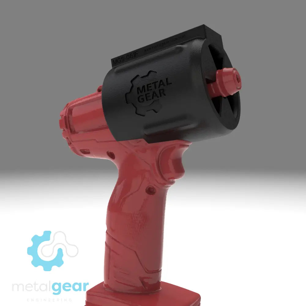 3D render of the MGS-081F Holster by Metalgear Engineering, securely mounted on a Milwaukee cordless power tool. This rugged, 3D-printed holster features the Metalgear logo and is built for dependable tool storage in workshops and industrial environments.