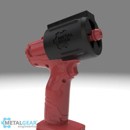 3D render of the MGS-081F Holster by Metalgear Engineering, securely mounted on a Milwaukee cordless power tool. This rugged, 3D-printed holster features the Metalgear logo and is built for dependable tool storage in workshops and industrial environments.
