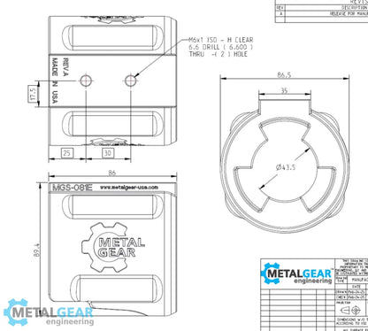 Technical drawing of the MGS-081E Milwaukee Tool Holster by Metalgear Engineering, detailing dimensions, mounting hole specifications, and design features for 3D-printed manufacturing in PLA or PA6-CF.