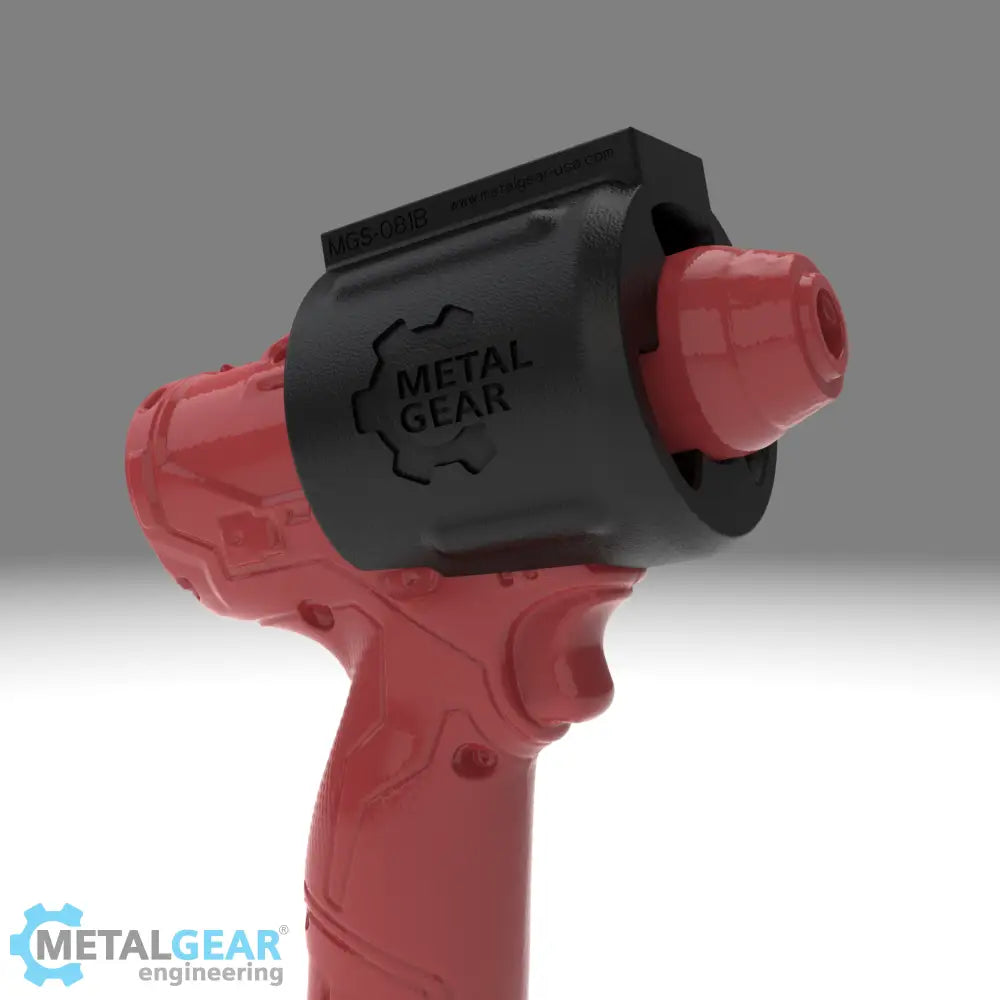3D render of the MGS-081B Holster by Metalgear Engineering, securely mounted on a Milwaukee cordless power tool. This rugged, 3D-printed holster features the Metalgear logo and is built for dependable tool storage in workshops and industrial environments.