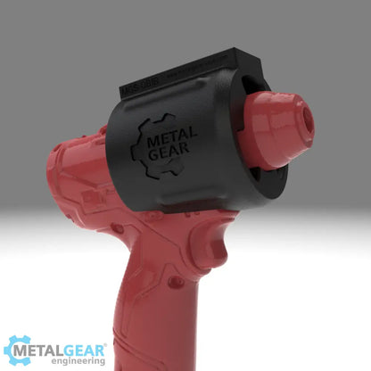 3D render of the MGS-081B Holster by Metalgear Engineering, securely mounted on a Milwaukee cordless power tool. This rugged, 3D-printed holster features the Metalgear logo and is built for dependable tool storage in workshops and industrial environments.